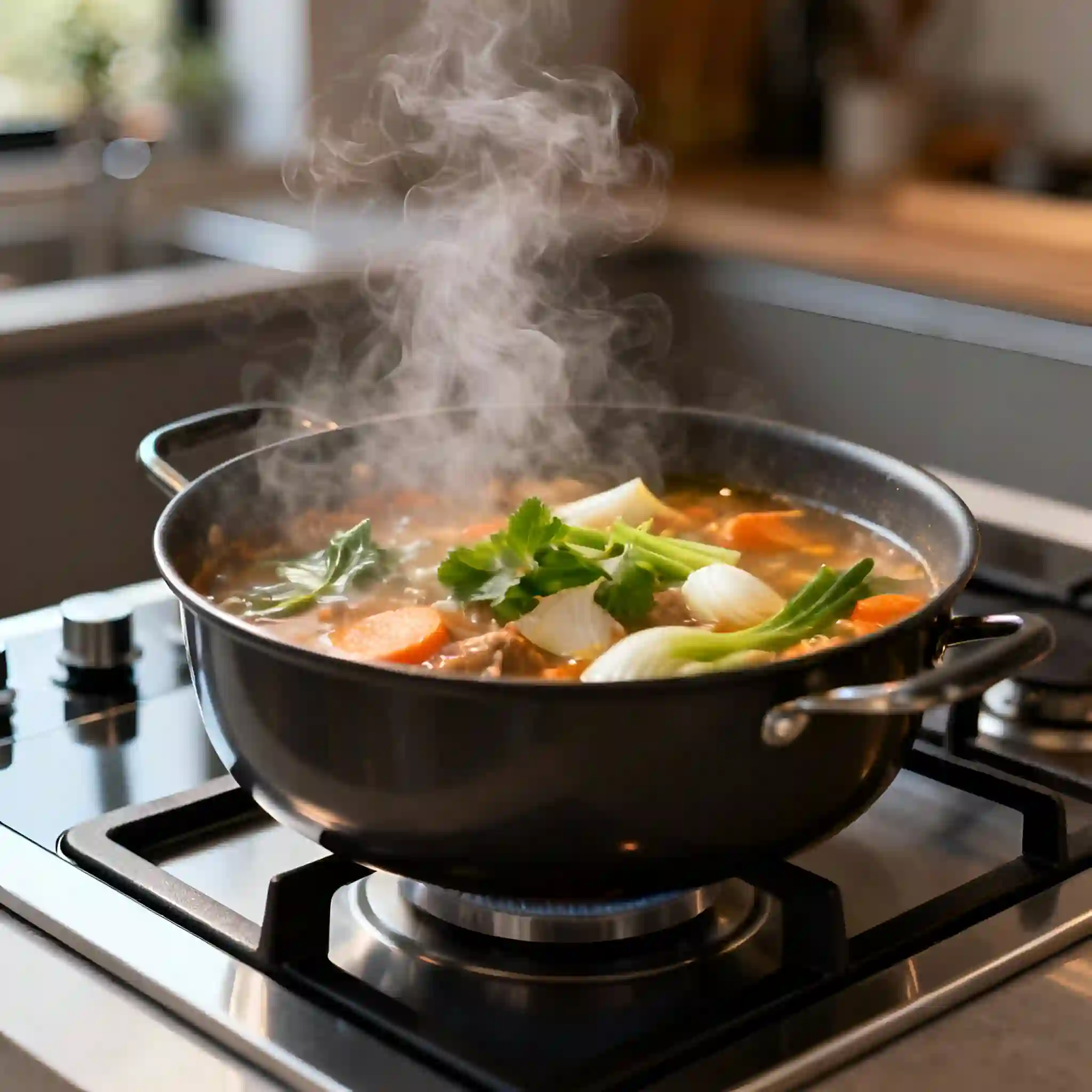 Masakan sup yang mendidih dan beraroma enak hasil penggunaan air Kangen Water yang menarik keluar rasa asli bahan mentah.