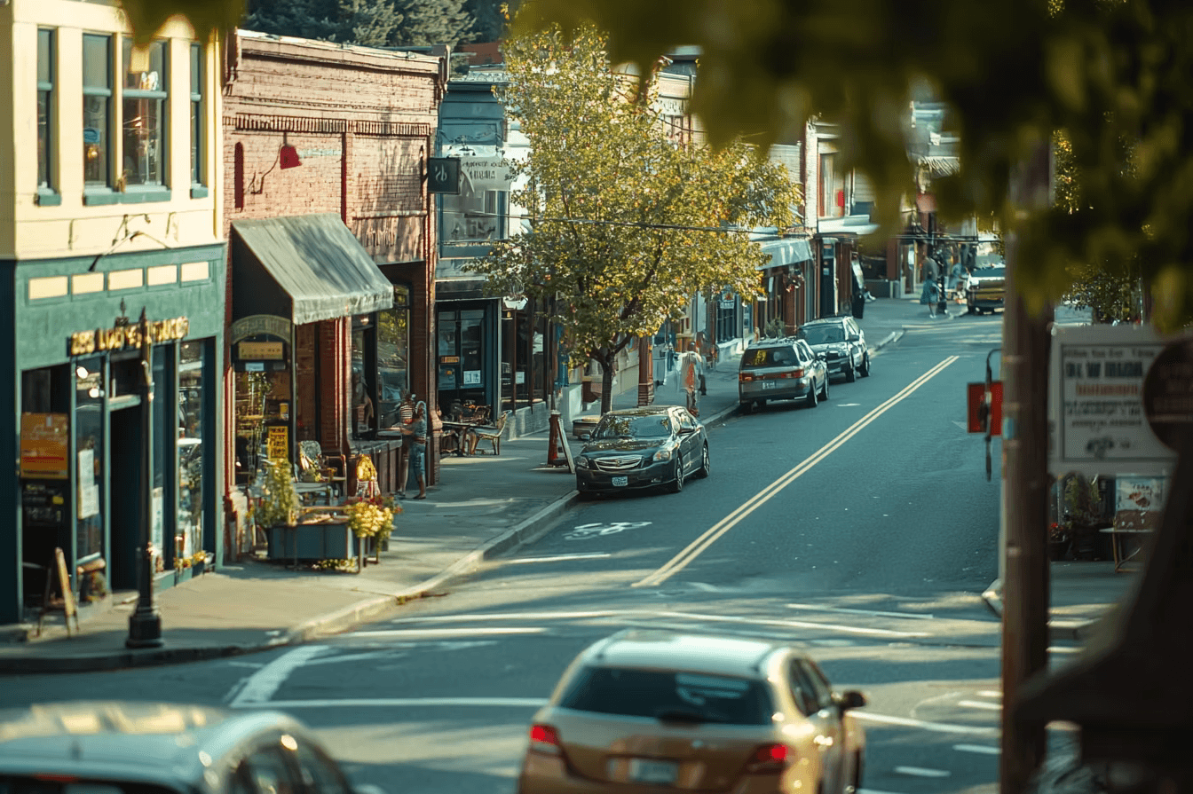 Bustling small-town street with parked cars, brick buildings, a tree, and pedestrians. Warm tones and greenery create a lively atmosphere.