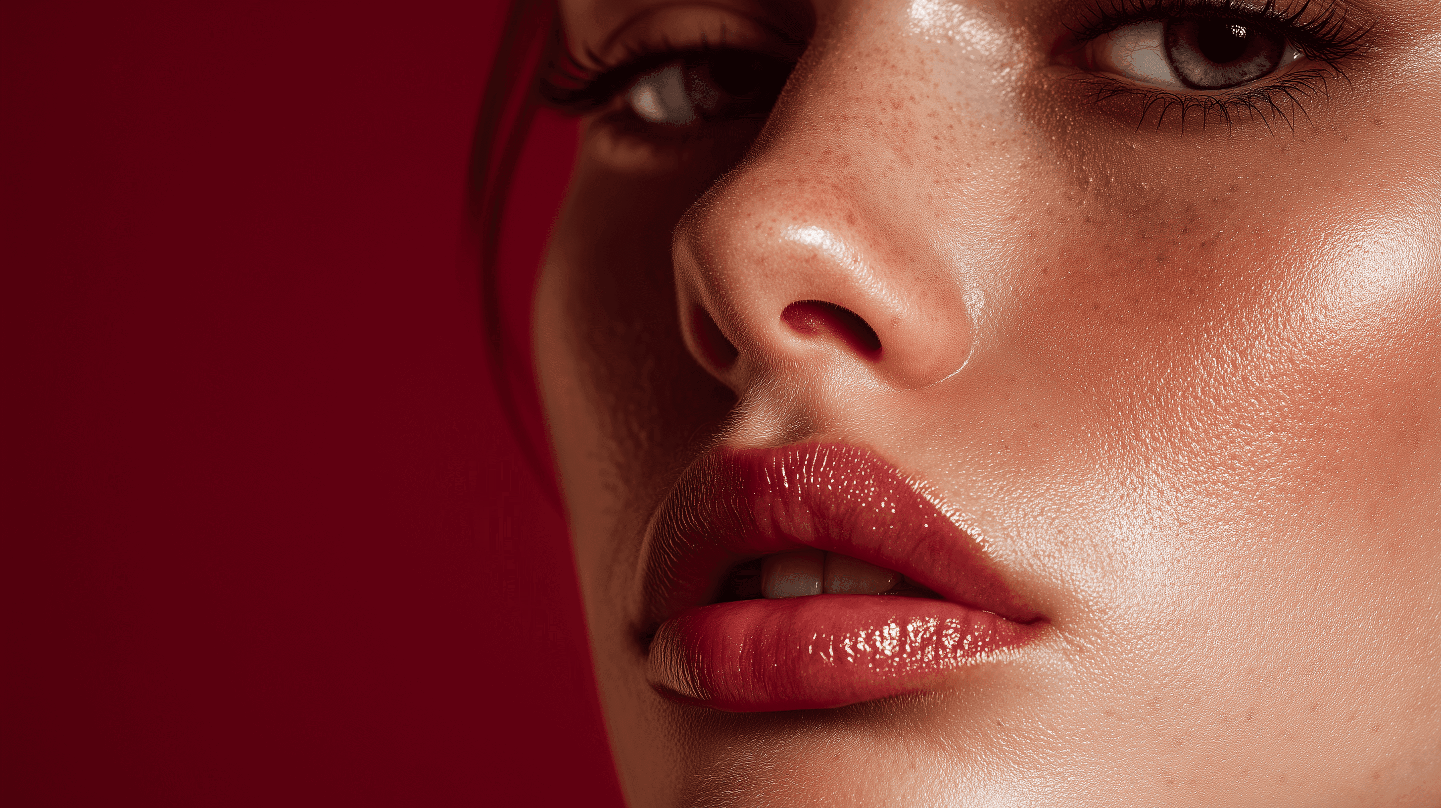 Close-up of glossy red lips under warm light