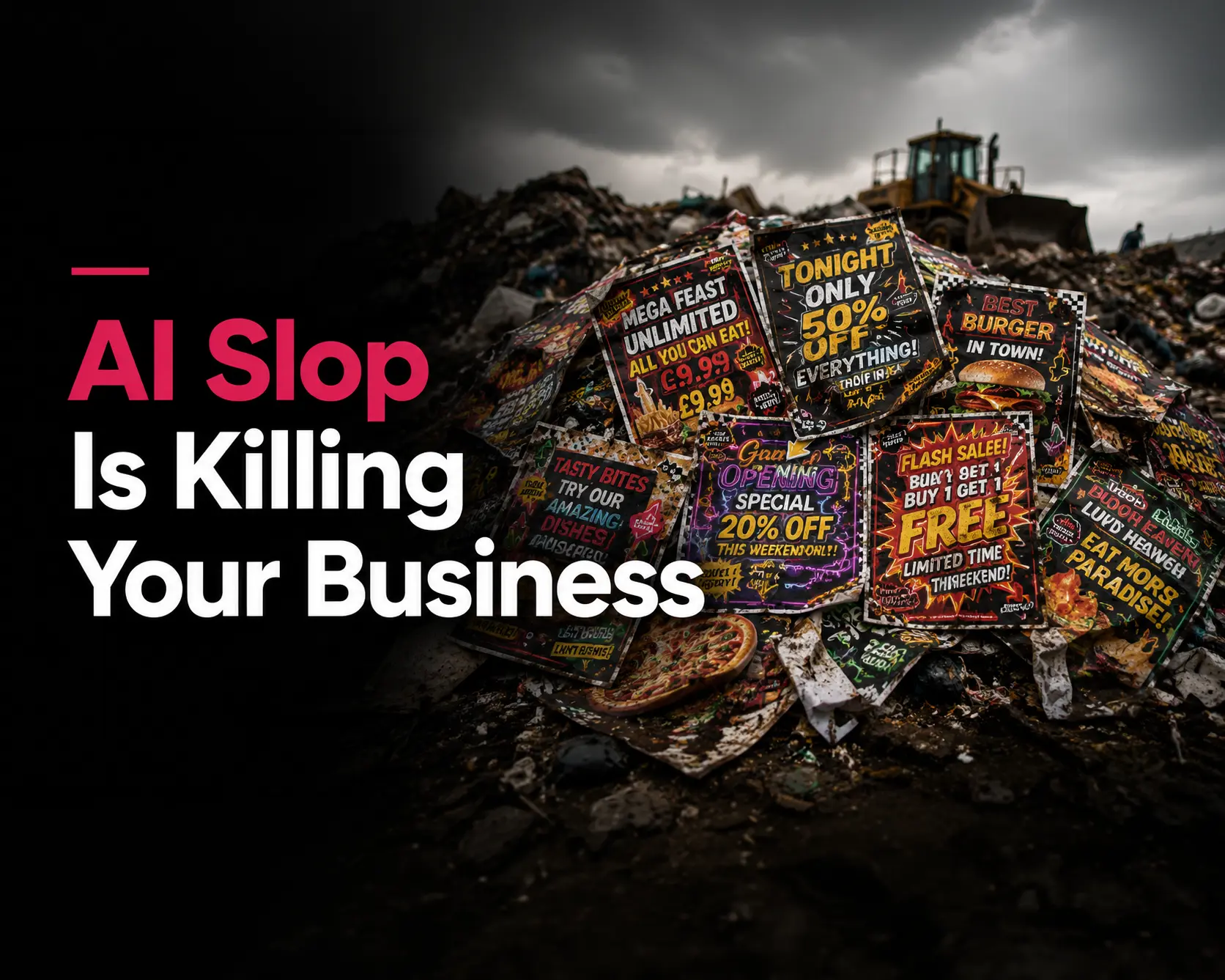 AI slop graphics piled up as rubbish at a landfill