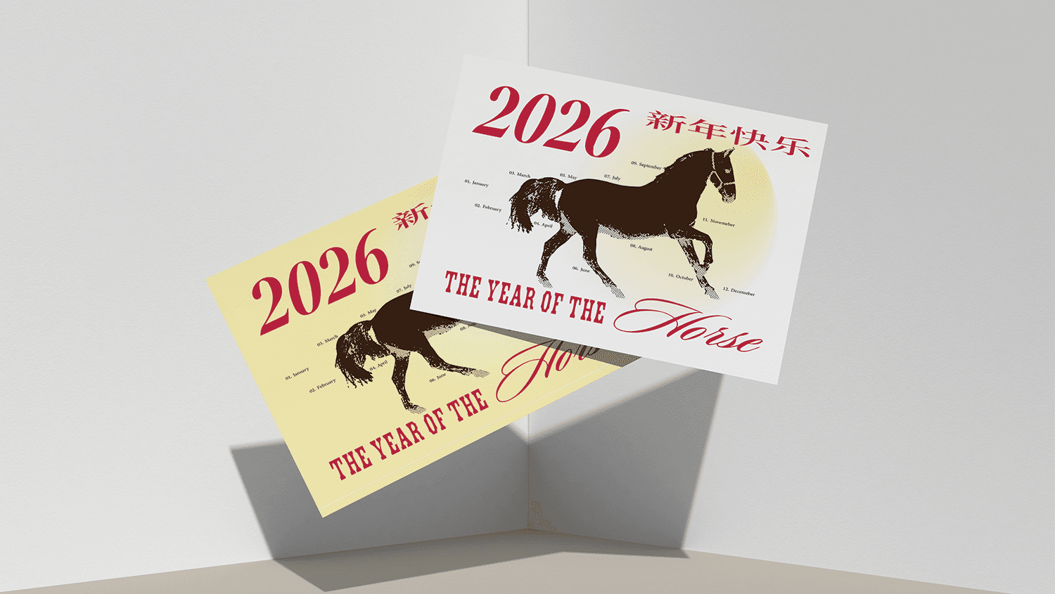 Two postcards yellow and white floating in the air