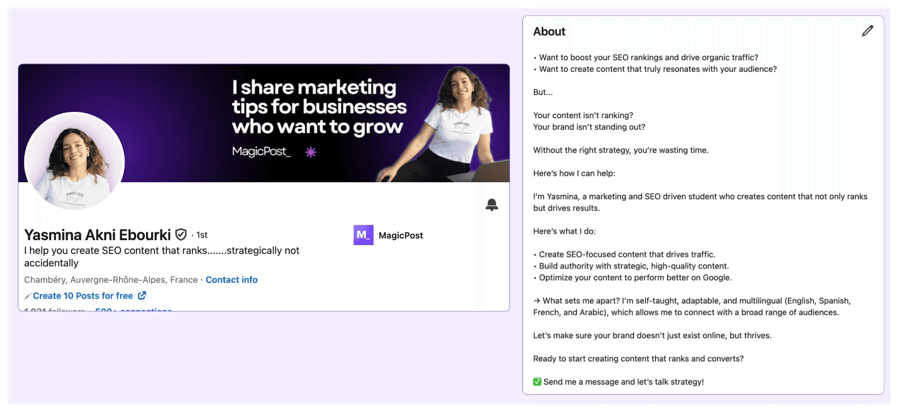 Example of a student about me section on LinkedIn summary generator