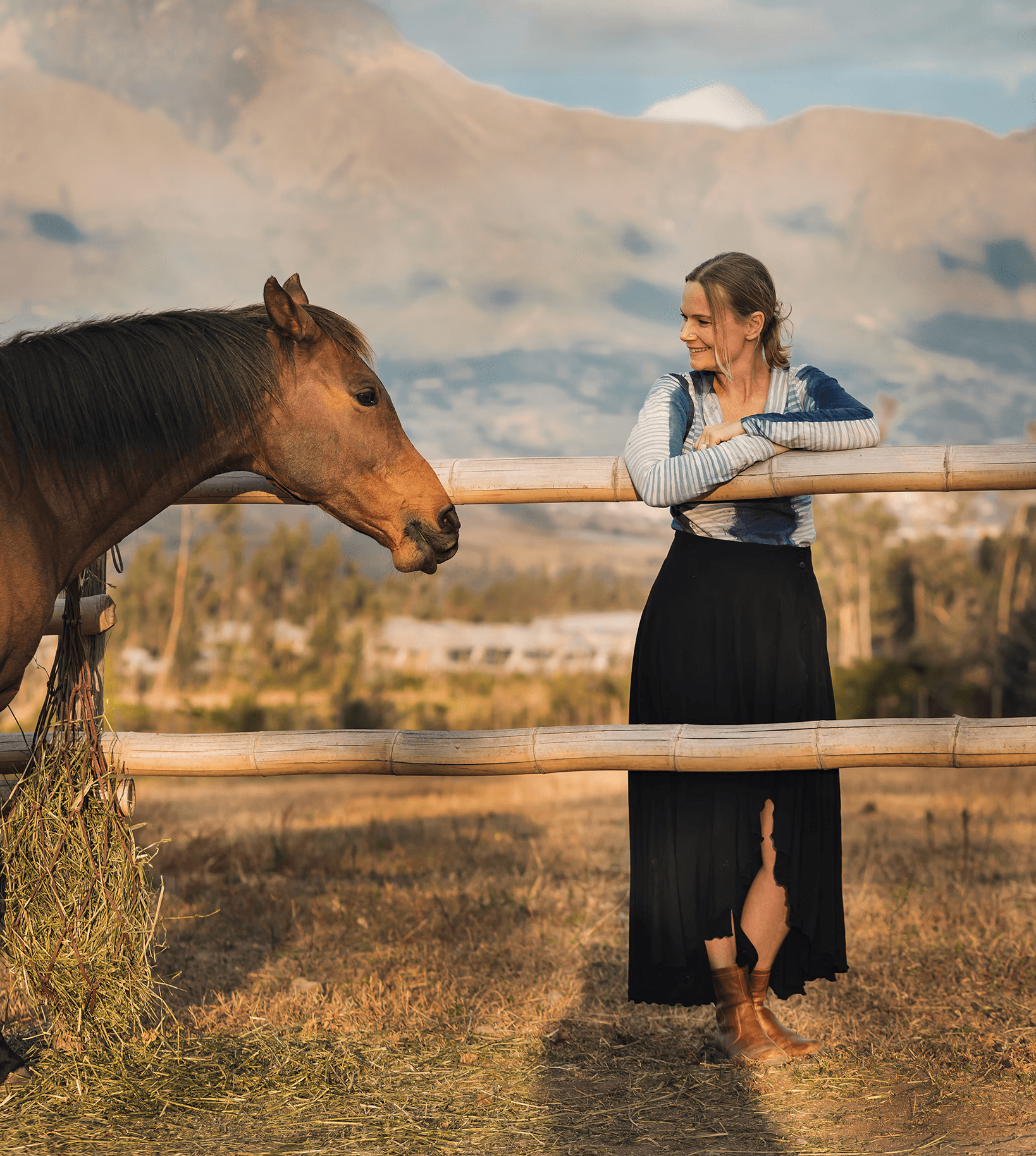 Christina Marz and a horse outdoors, symbolizing the connection central to horse-guided empowerment and mental health therapy.