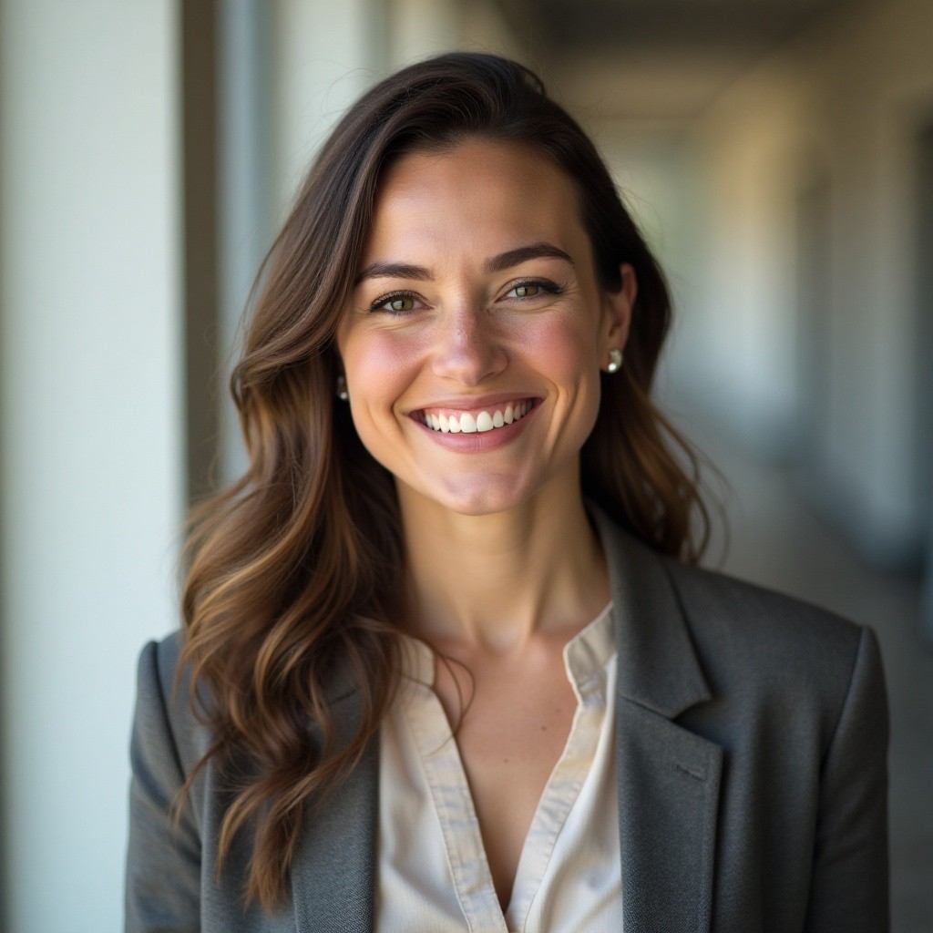 Testimonial photo of smiling woman in business suit 