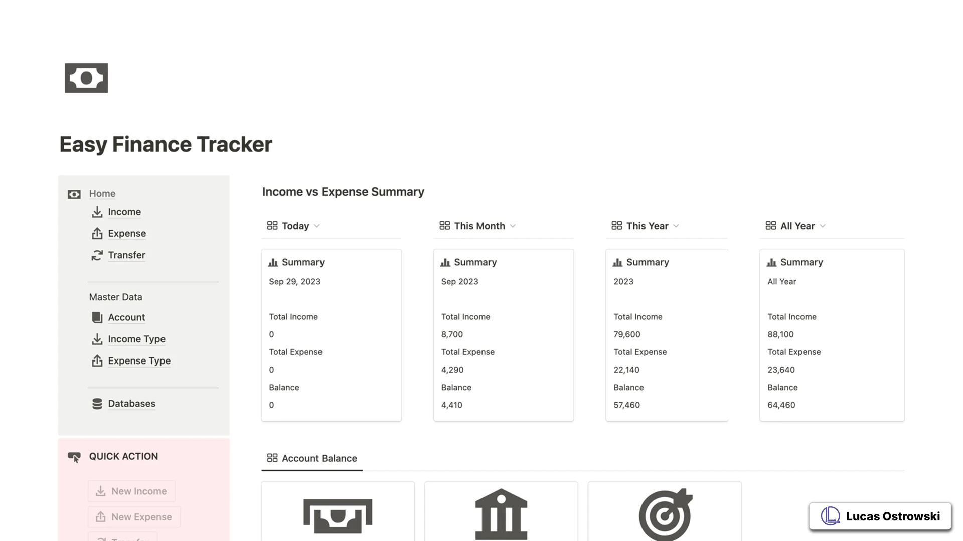 Easy Finance Tracker Notion template showing minimalist interface with income vs expense summary across different time periods. Features quick action panel and account balance overview with icons for cash wallet, main account, and savings account