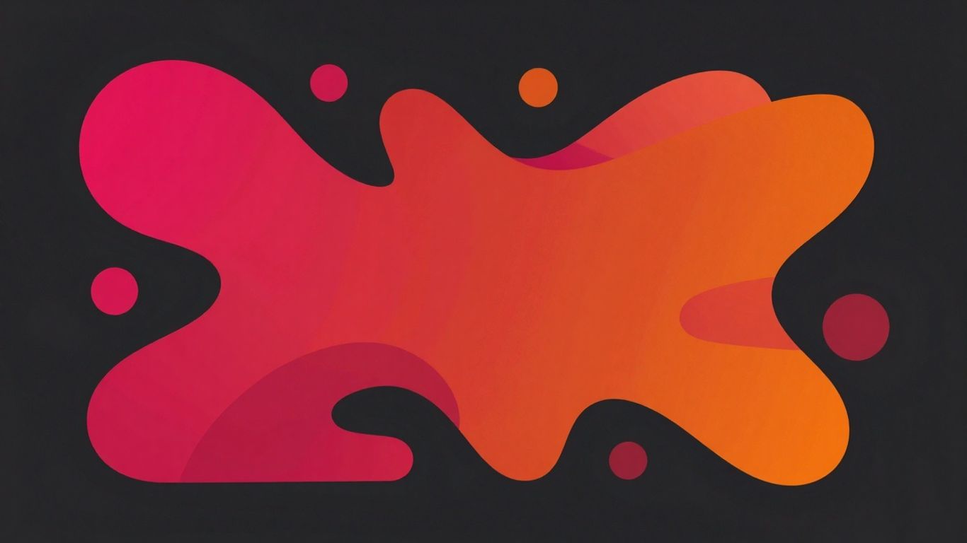 Abstract shapes in crimson pink and burnt orange with charcoal background.