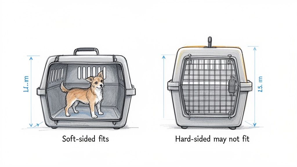 Illustration comparing soft-sided and hard-sided pet carriers, highlighting height differences for airline carry-on.