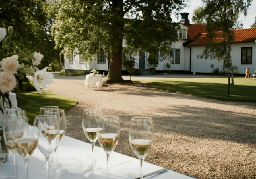 A scenic outdoor setting with champagne glasses on a table, leading to a charming house in the background.