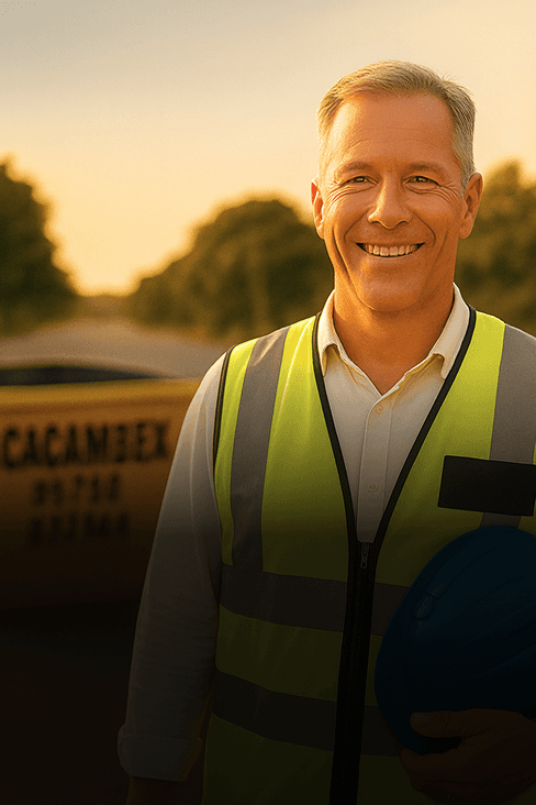 Mestre de obras contente segurando seu capacete.