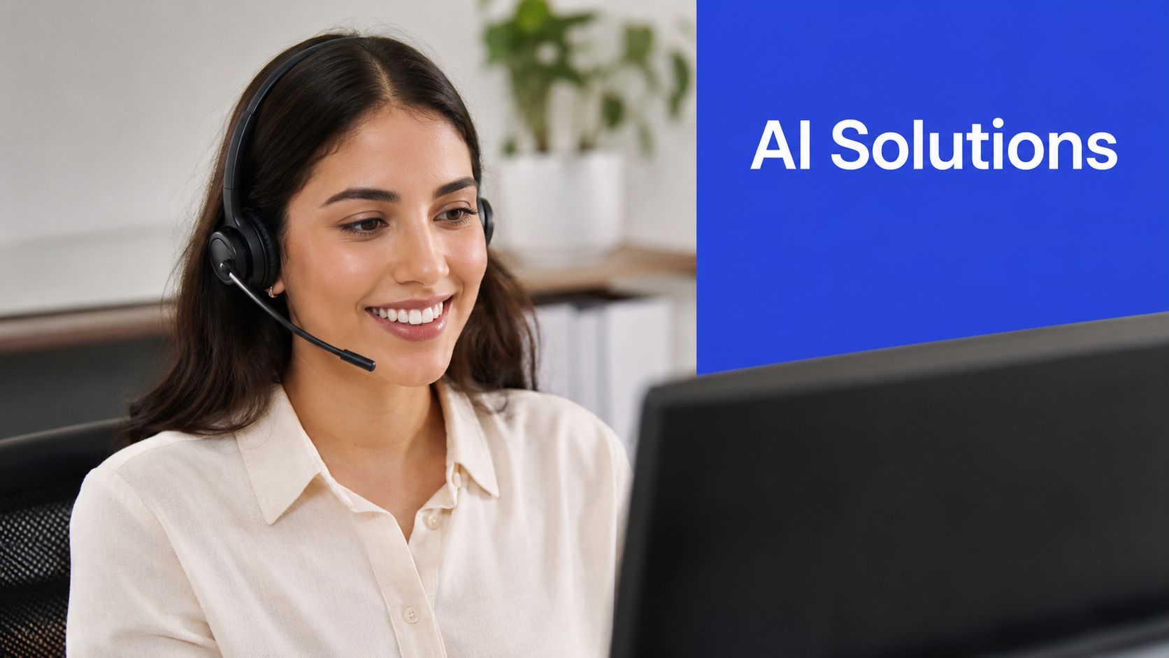 A friendly customer service representative wearing a headset and smiling while working at a computer workstation.
