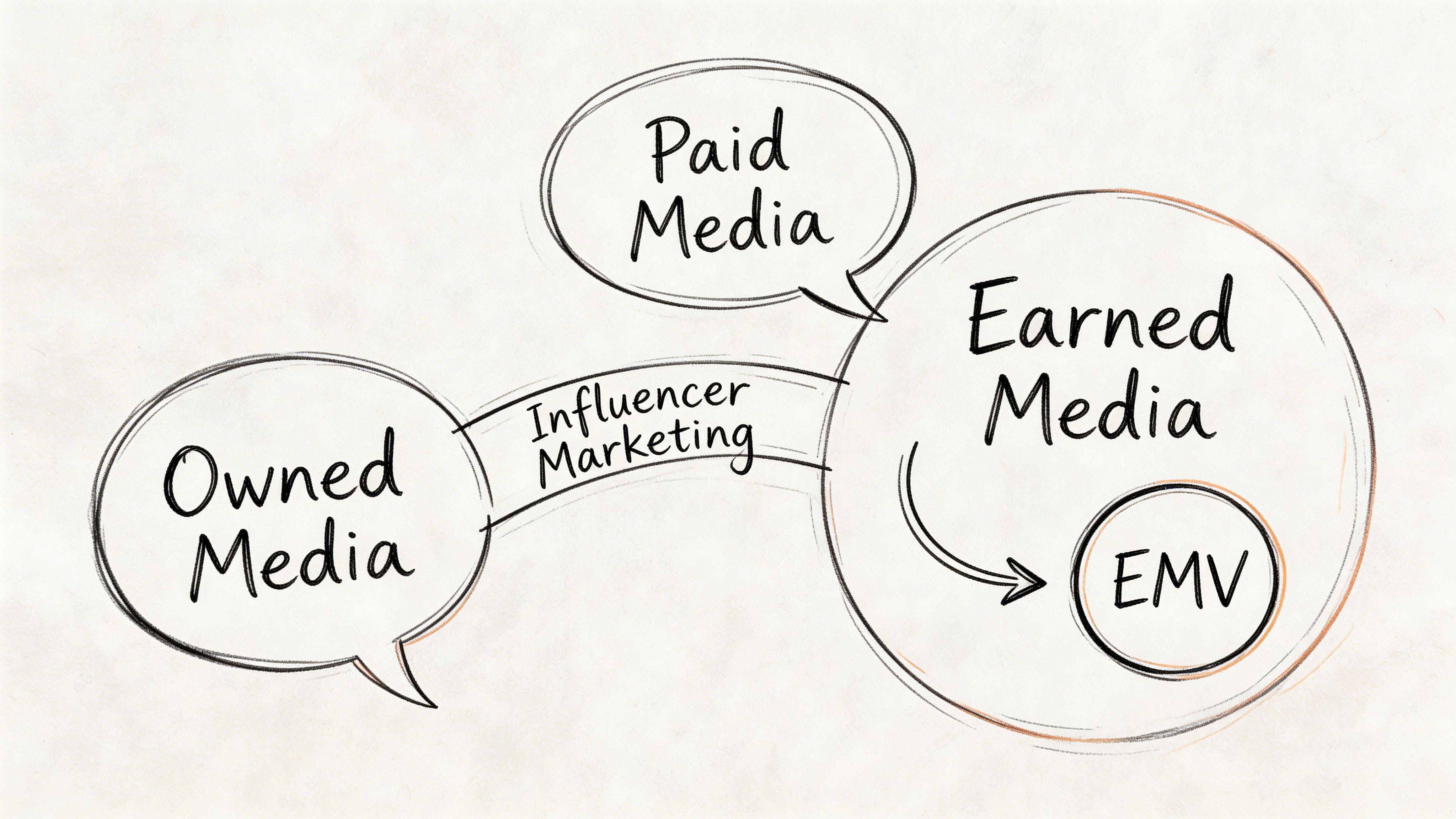 A hand-drawn diagram illustrating the relationship between Paid, Owned, and Earned Media with Influencer Marketing and EMV.