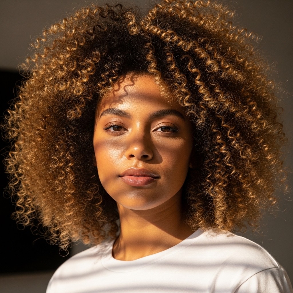 Close-up of a woman with voluminous honey-blonde curls and striped sunlight shadows across her face and white shirt.
