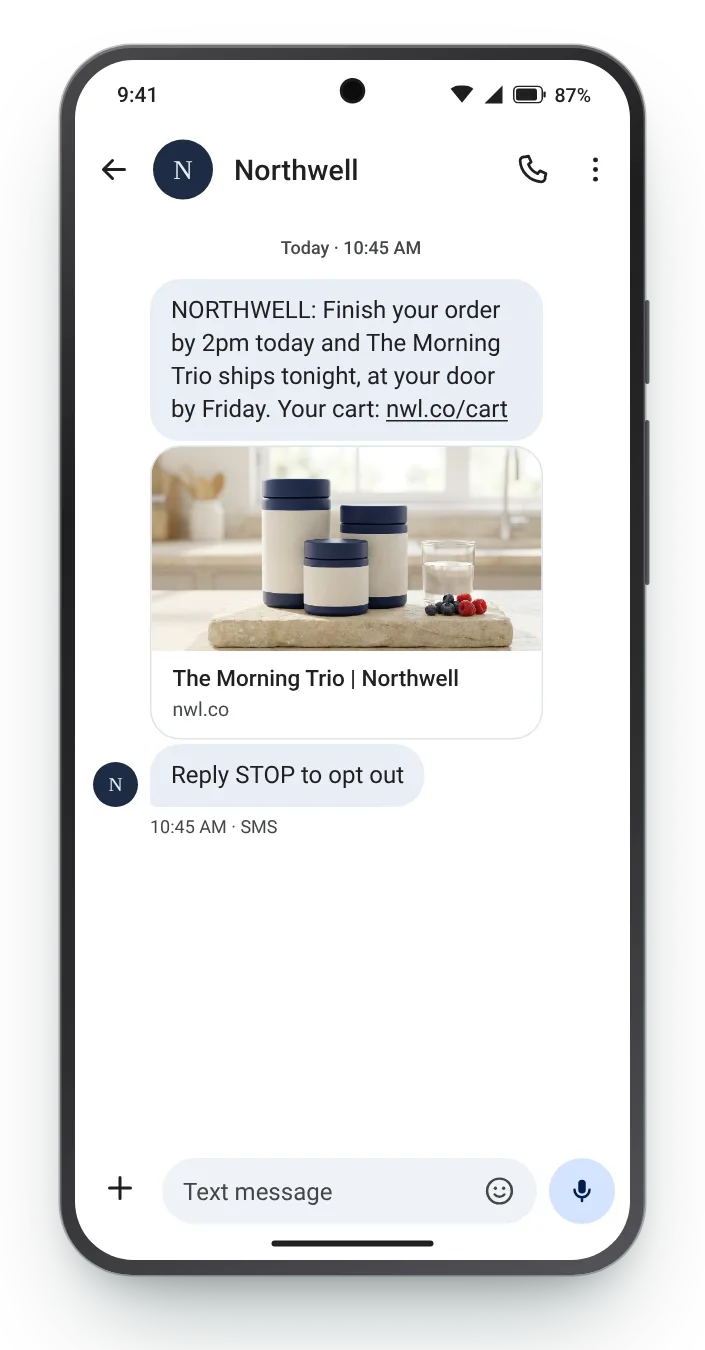 Order before the delivery cut-off abandoned cart SMS on an Android phone