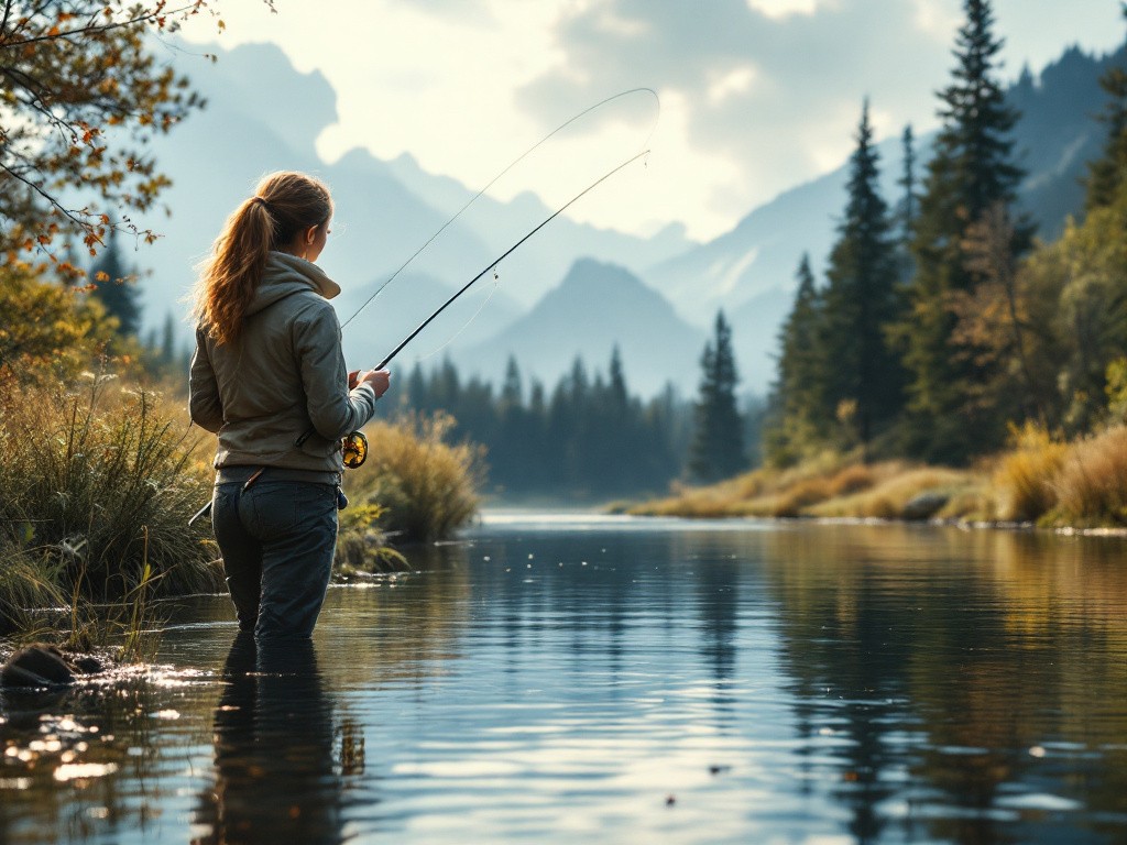 A woman fly fishing in a river with mountains in the background