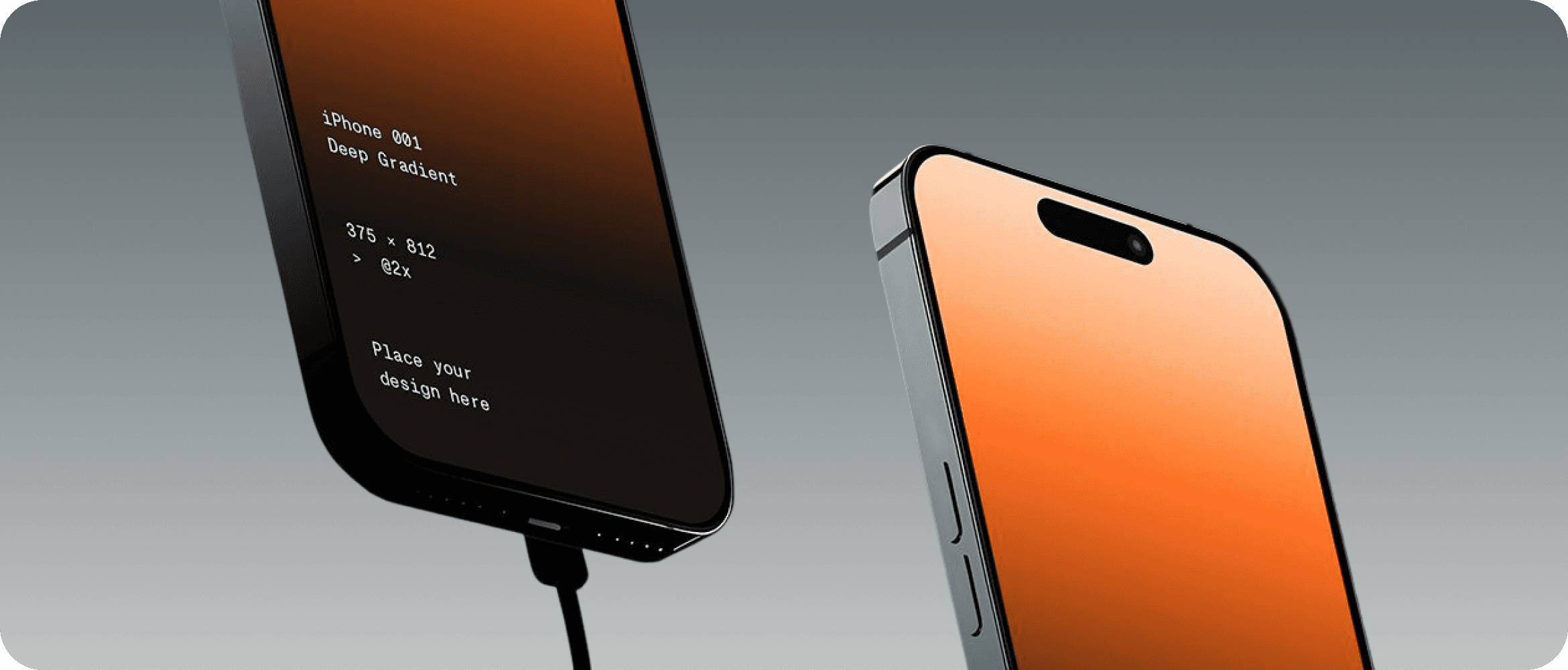 Two smartphones with orange displays and visible charging cables