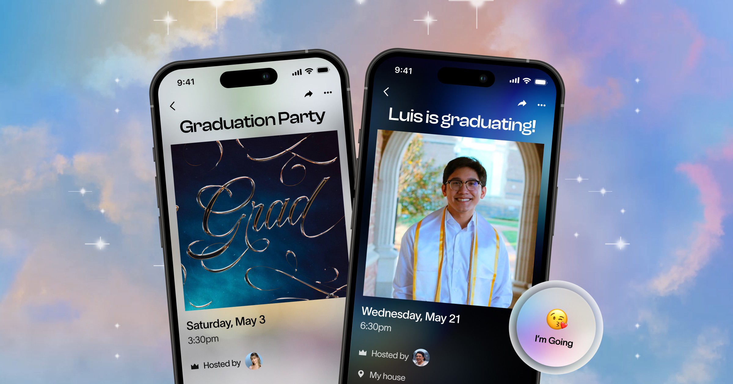 Digital graduation party invitations displayed on two smartphones against a sky background with flying graduation caps and diplomas. One invite features a fun, meme-style design with a student in a cap and gown sipping a drink, while the other has an elegant script-style "Grad" design. Includes RSVP button with "I'm Going" emoji reaction. Perfect for customizable online graduation party invites with RSVP tracking and easy sharing via text or email.