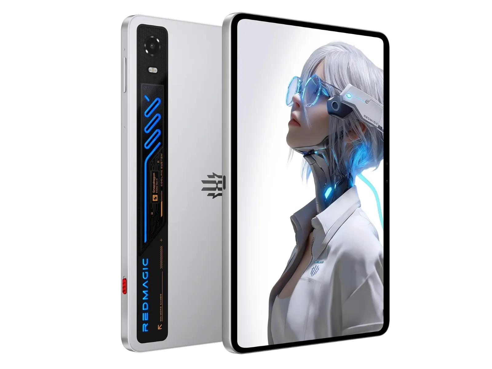 The image depicts a sleek, modern Redmagic tablet with a digital artwork on its display, showcasing a futuristic character wearing high-tech glasses and a headset, set against a minimalist white background.