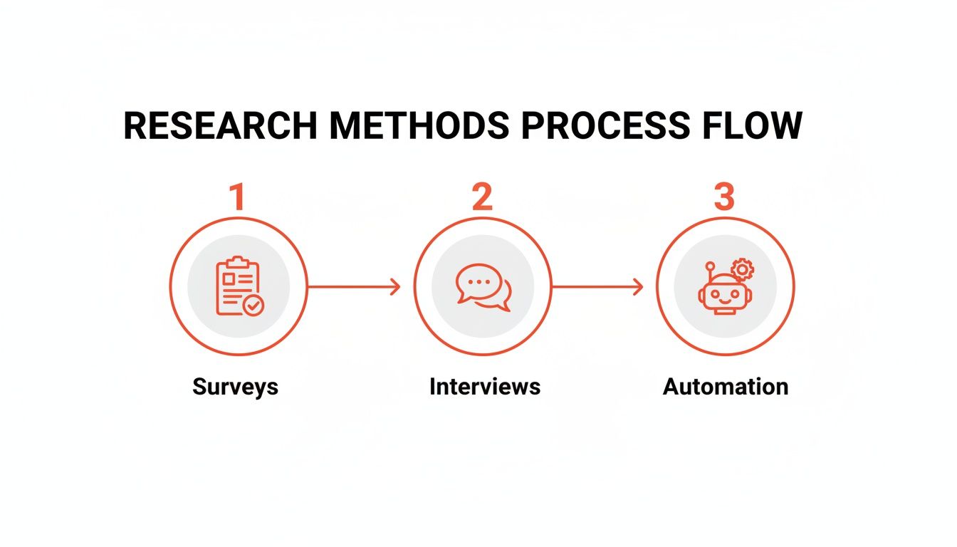 Research methods process flow diagram illustrating three steps: Surveys, Interviews, and Automation with icons.