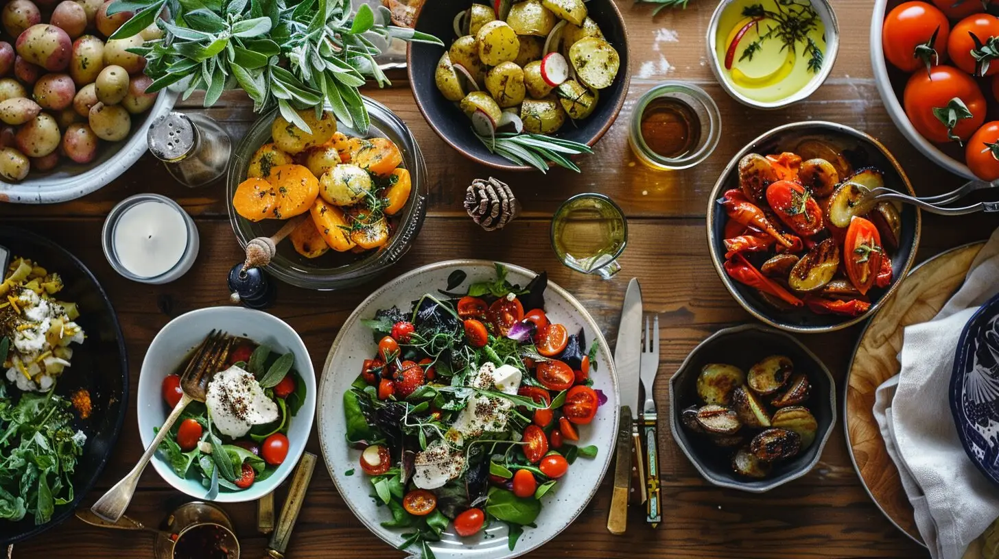 fresh green salad with cherry tomatoes and goat cheese, roasted baby potatoes with herbs, and colorful vegetables on a rustic wooden table, capturing the warmth and freshness of seasonal dining