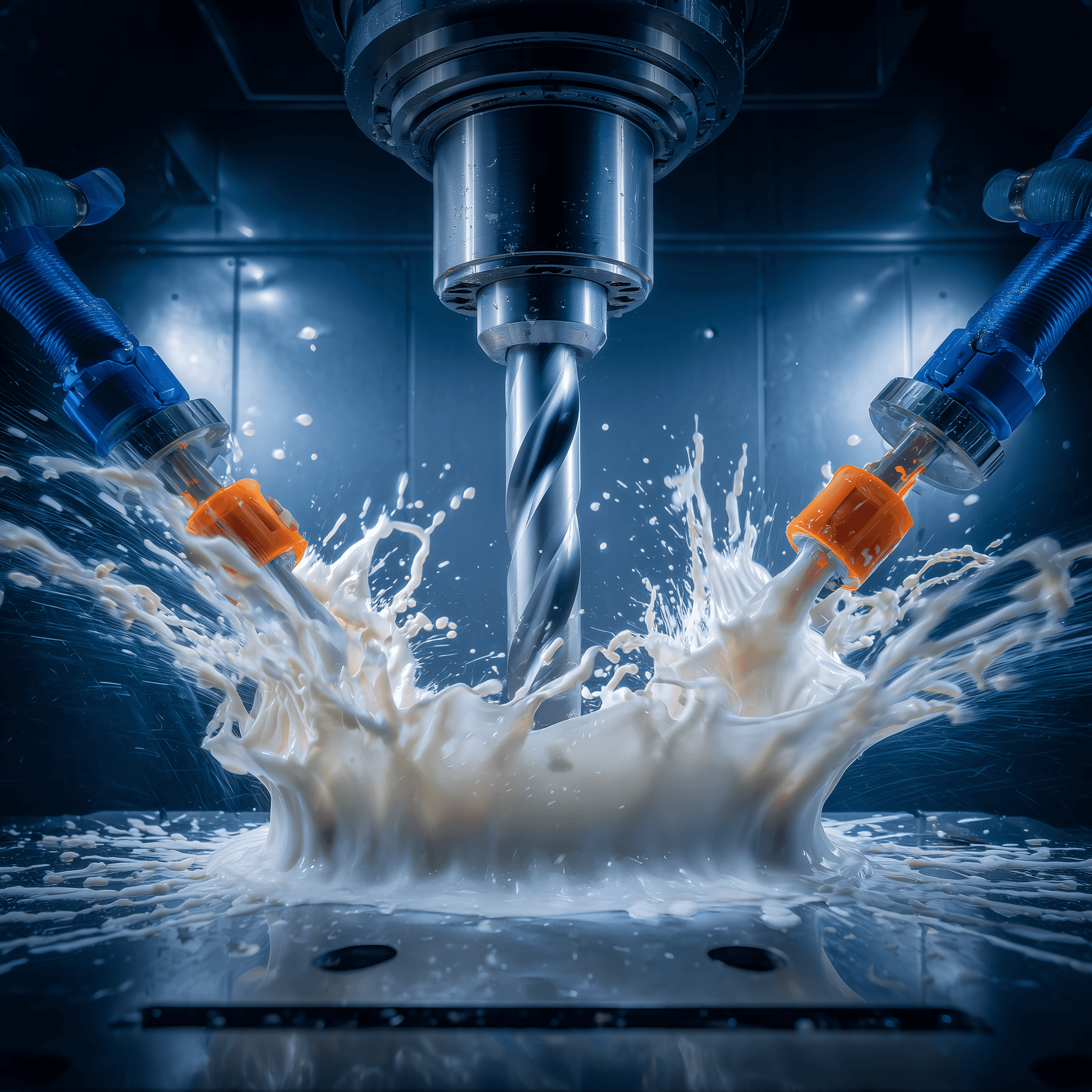 High-speed carbide drill cooled with Oemeta metalworking fluid for optimal lubrication and chip evacuation during CNC machining.