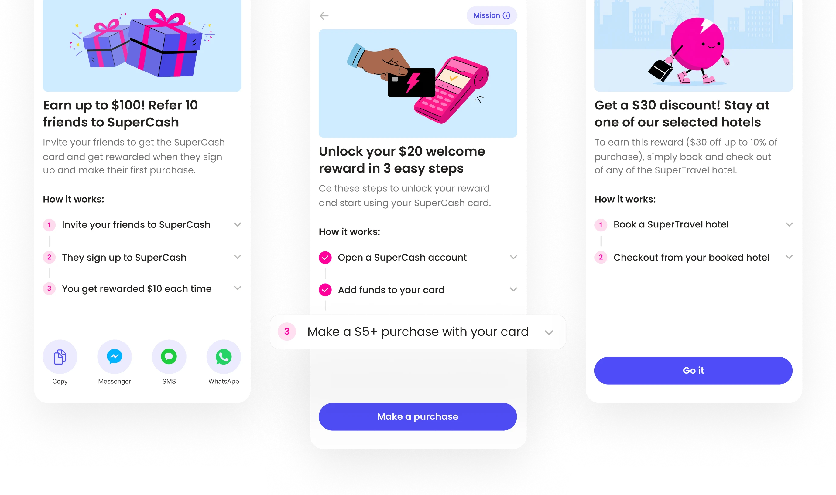 UI mockup of Super.com’s Missions showing three task-based rewards — refer friends, make purchases, and book hotels — illustrating the scalable design of the new mission-based rewards system.