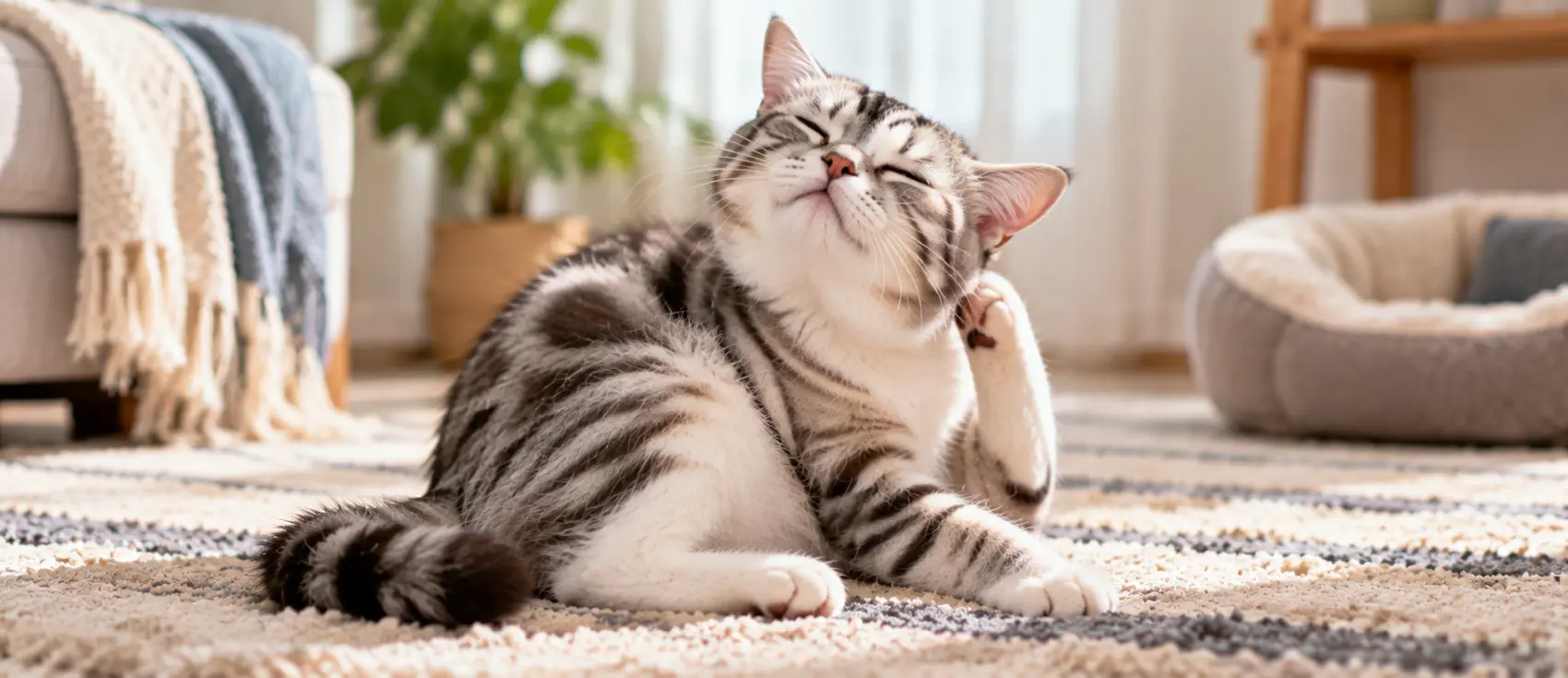 Tabby and white cat scratching itself on a rug, a common sign of fungal infection.
