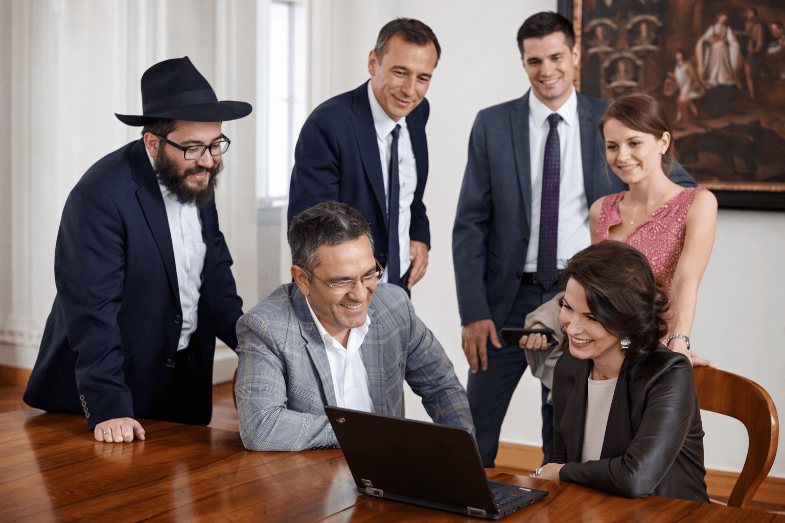 Group of professionals discussing and working together around a laptop