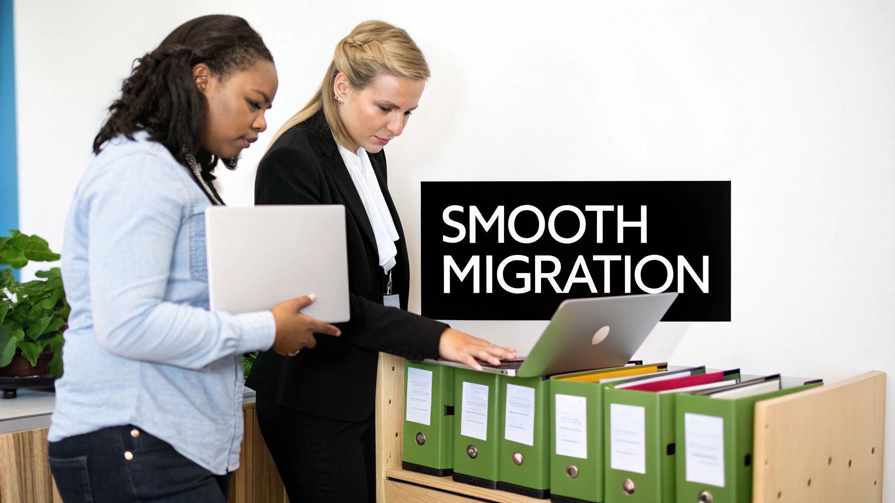Two women collaboratively work on laptops in an office, with 'SMOOTH MIGRATION' on a sign.