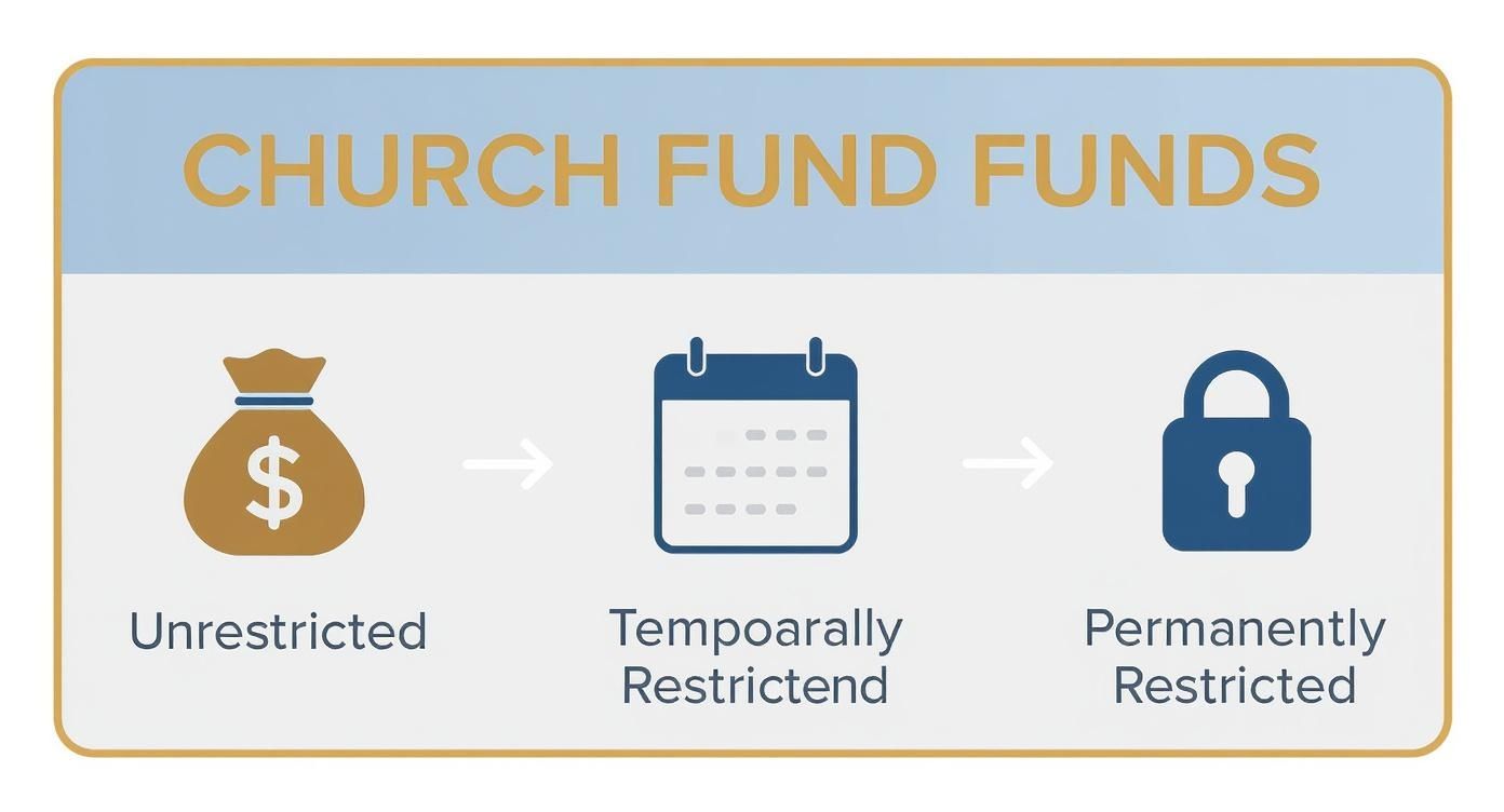 Infographic visualizing the three types of church funds: Unrestricted, Temporarily Restricted, and Permanently Restricted.
