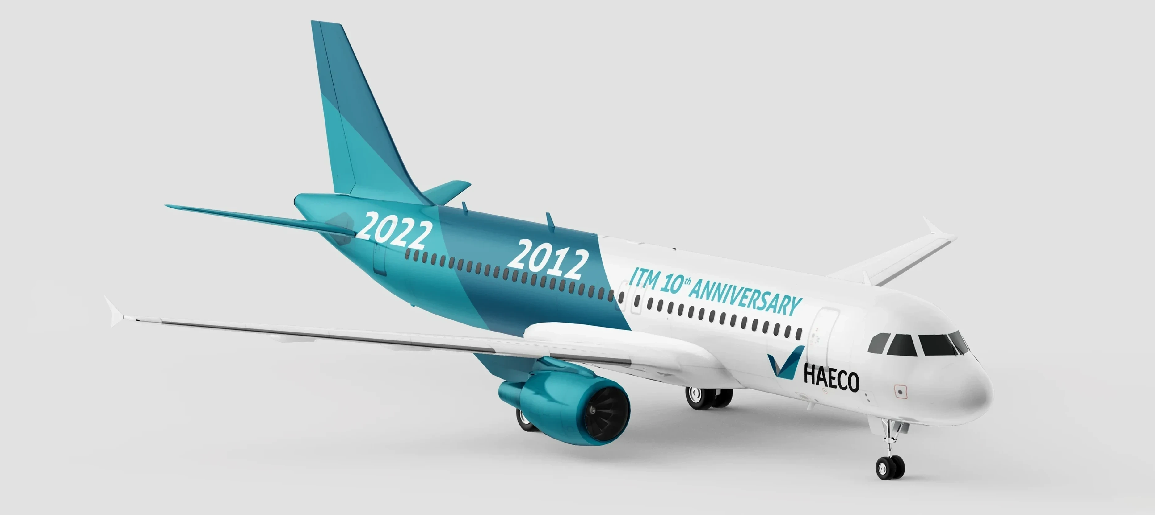 HAECO visual identity hero – teal-blue aircraft model with 10th anniversary branding, symbolising precision and global reliability by Teatime Studio.