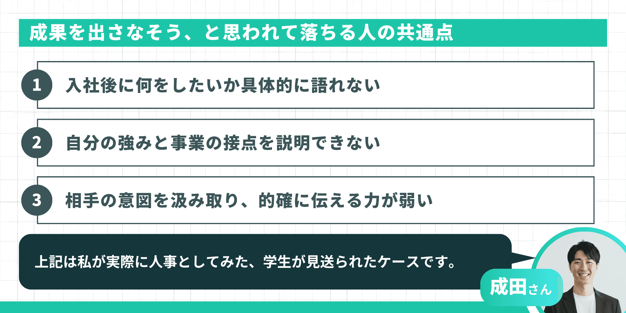 「成果を出さなそう」と思われて落ちる人の共通点3つ。1.入社後に何をしたいか具体的に語れない、2.自分の強みと事業の接点を説明できない、3.相手の意図を汲み取り的確に伝える力が弱い。