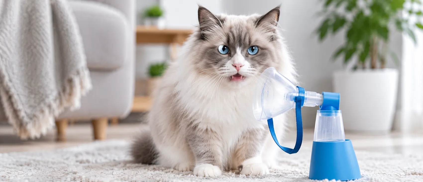 A Ragdoll cat sits calmly while fitted with a feline inhaler mask.