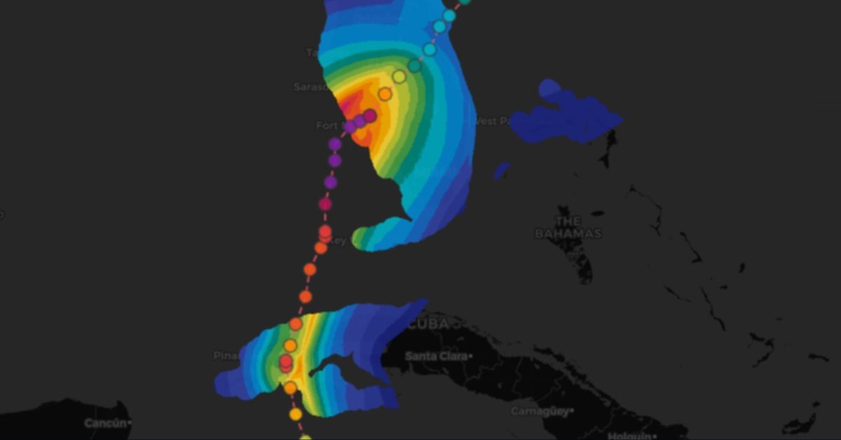 Metryc wind field reconstruction of Hurricane Ian 2022 showing asymmetric wind speed distribution across Florida — highest winds concentrated south of the track near Fort Myers, with significantly lower speeds at the same distance north of the track.