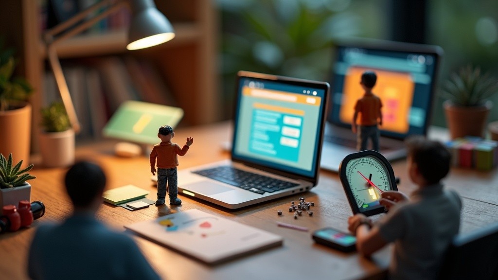 Tiny people build and test landing pages across different website builder screens in a miniature studio.