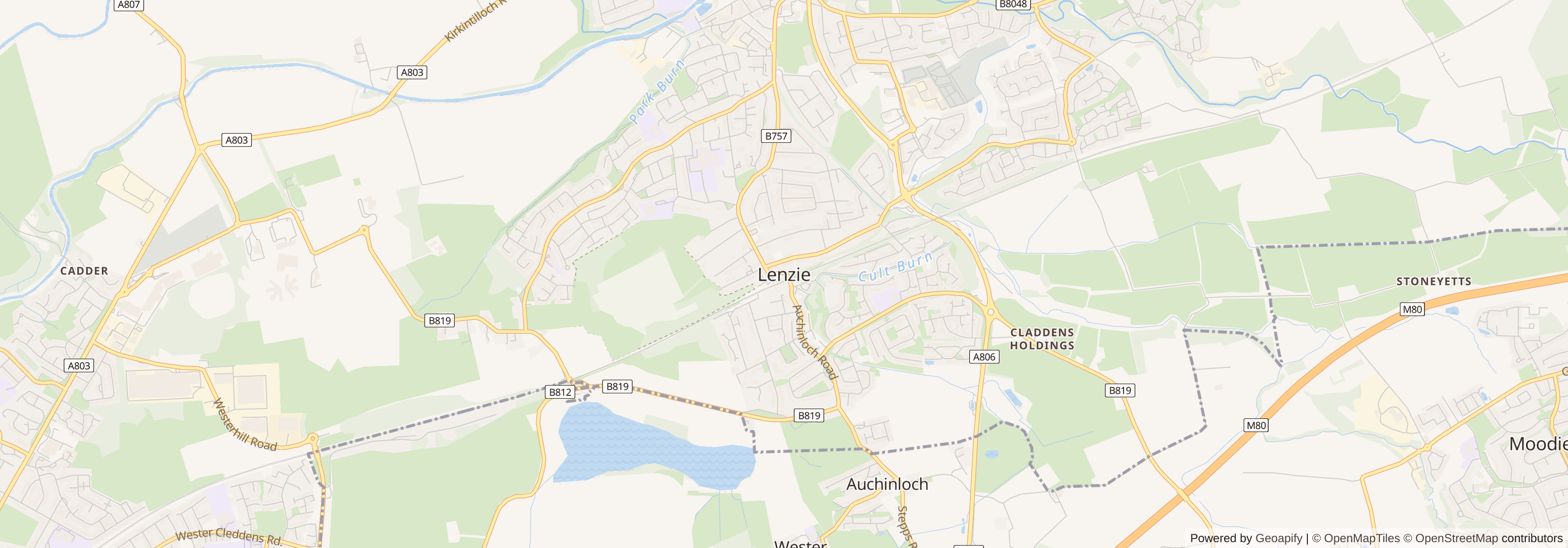 Street map of Lenzie, East Dunbartonshire showing main roads and nearby areas