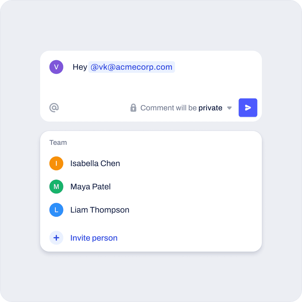 Contract collaboration interface showing a private comment mention and team members list with an option to invite a person.