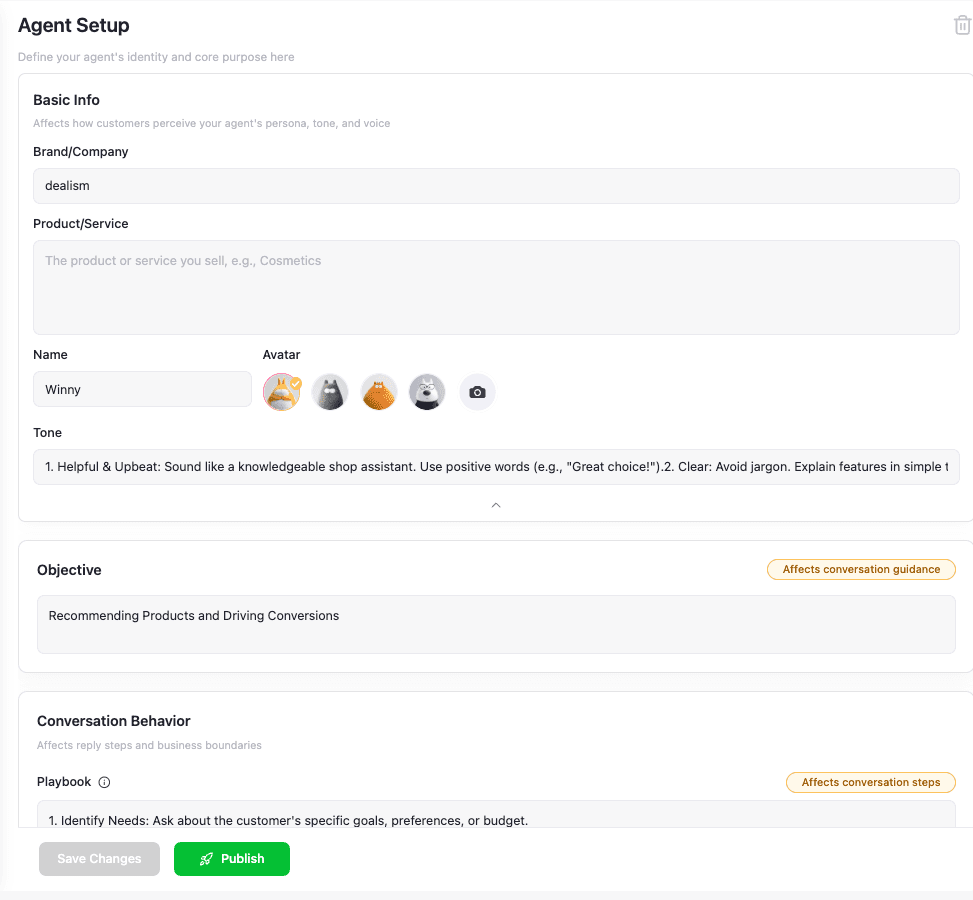 Dealism Agent Setup page showing the Objective configuration