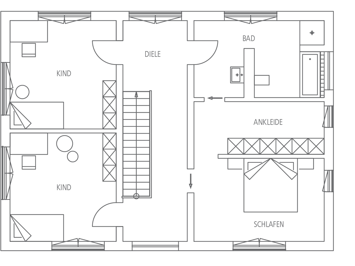 Grundriss mit zwei Kinderzimmern, Diele, Bad, Ankleide und Schlafzimmer mit Bett.