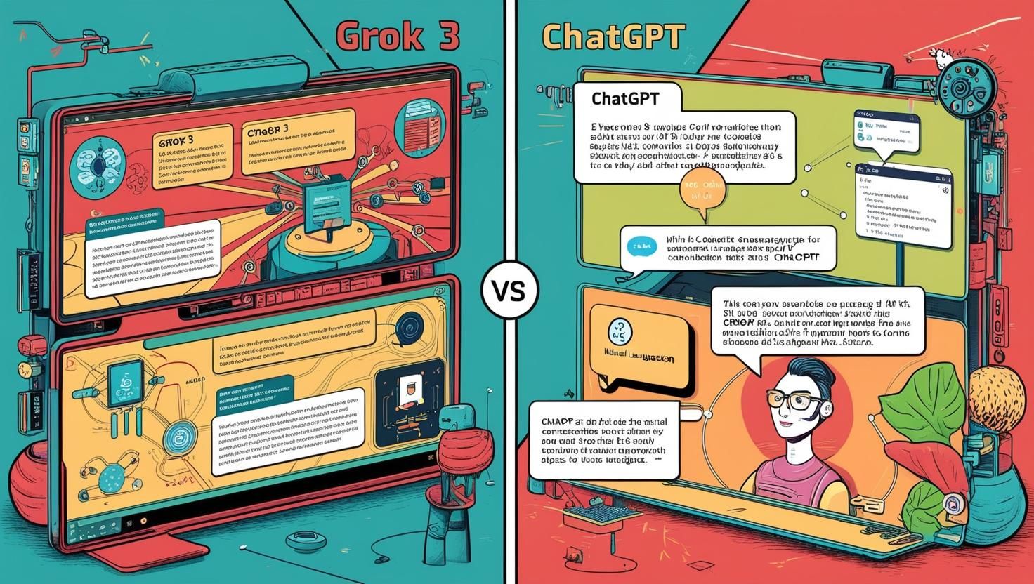A split-screen comparison of Grok 3 and ChatGPT, showcasing their strengths in different AI applications.