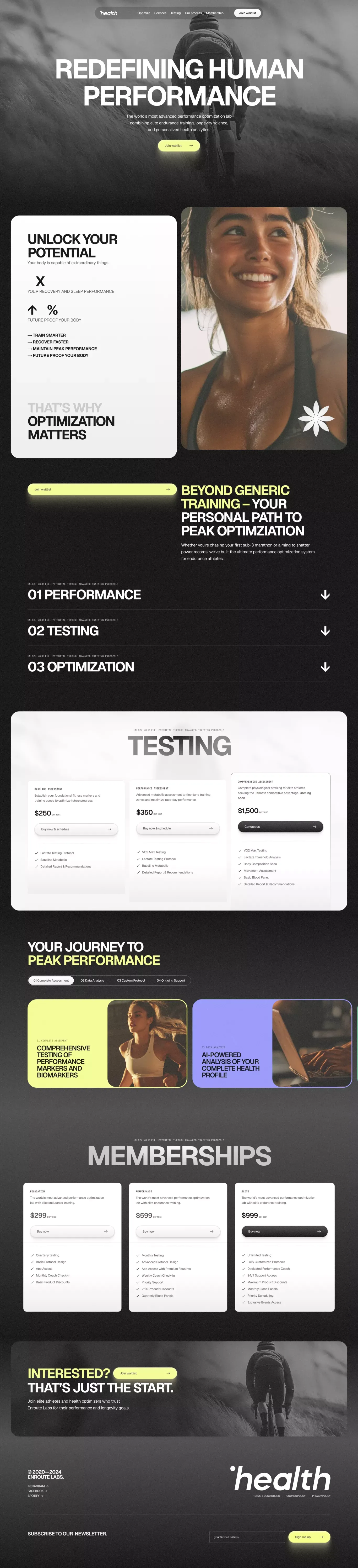 Redefining Human Performance landing page screenshot showcasing Health & Fitness and Sport design