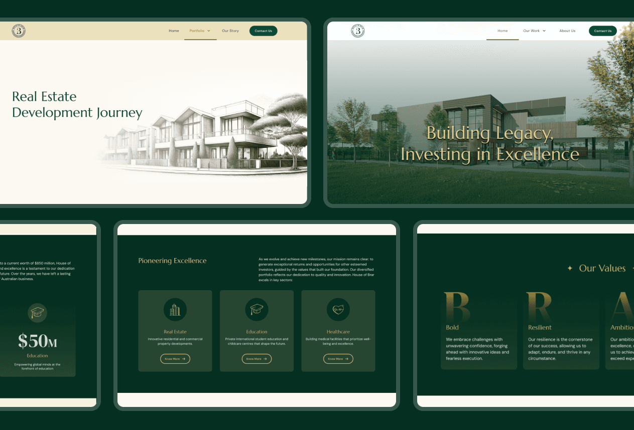 House of Brar website homepage, designed by One Craft, showcasing high-end real estate development, investment details, and brand values in a refined layout.