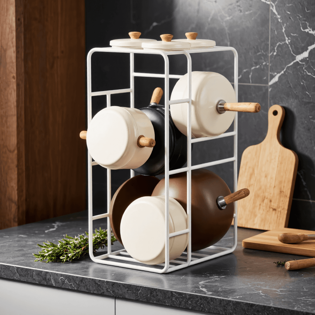 product photography of a kitchen organizer for pots and lids