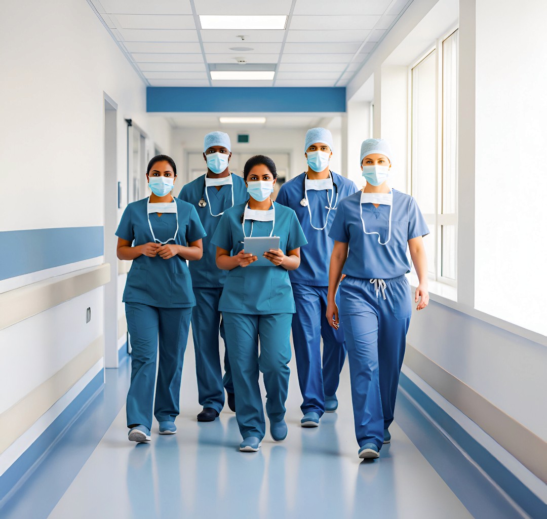A group of five healthcare professionals in blue scrubs and face masks walk confidently together down a hospital hallway, representing teamwork and patient care.