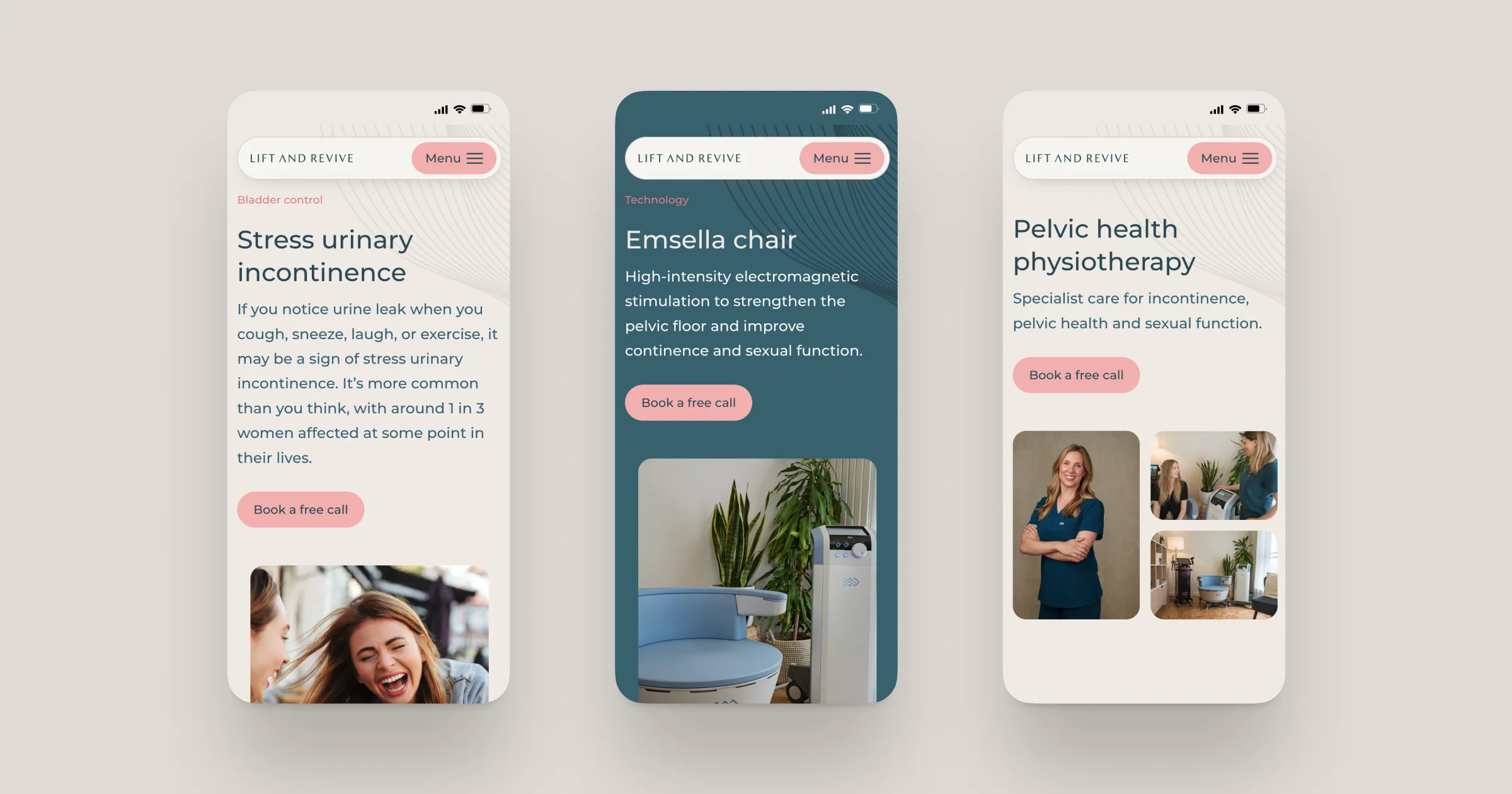 Three mobile phone mockups displaying Lift and Revive website pages. The first screen shows information about stress urinary incontinence with a photo of two women laughing together. The second screen highlights the Emsella chair treatment with an image of the chair in a clinic setting. The third screen presents pelvic health physiotherapy with small photos of a clinician, a consultation, and the treatment room.