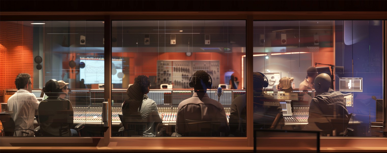 Localization subject matter experts collaborate in an audio recording studio.