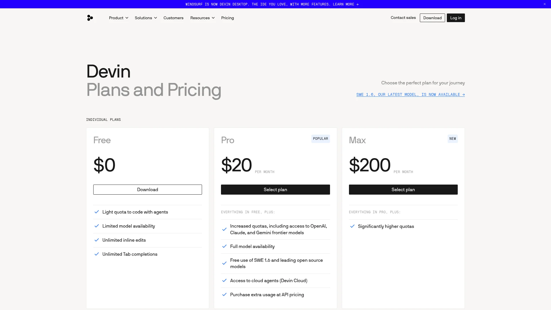 Windsurf 2026 pricing page showing Free, Pro, Max, Teams, and Enterprise plans under Devin