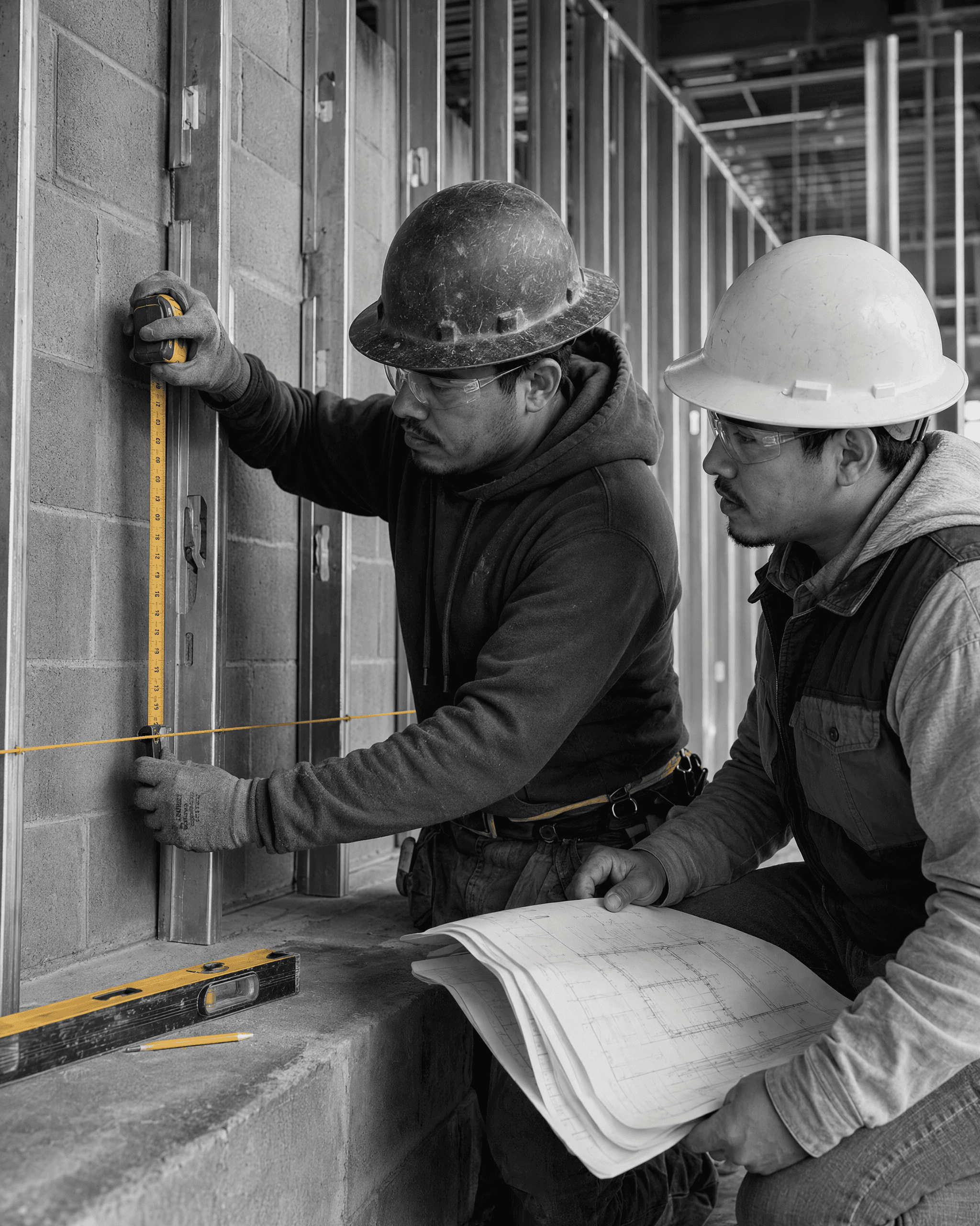 Construction professional measures metal wall framing while a colleague reviews plans beside him.