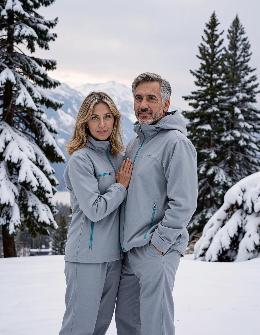 Couple in matching gray outfits standing together in a snowy mountain landscape with snow-covered pine trees and mountains in background