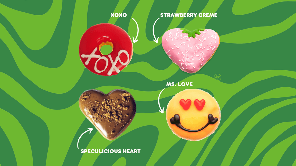 A selection of Dunkin’s vegan donuts, including XOXO, Strawberry Creme, Speculicious Heart, and Ms. Love, designed for plant-based and allergen-friendly indulgence.