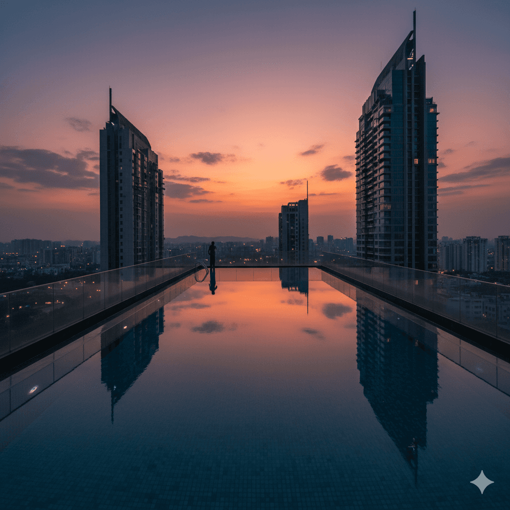Rooftop infinity pool reflecting skyscrapers in Sector 66 Gurgaon luxury apartment complex